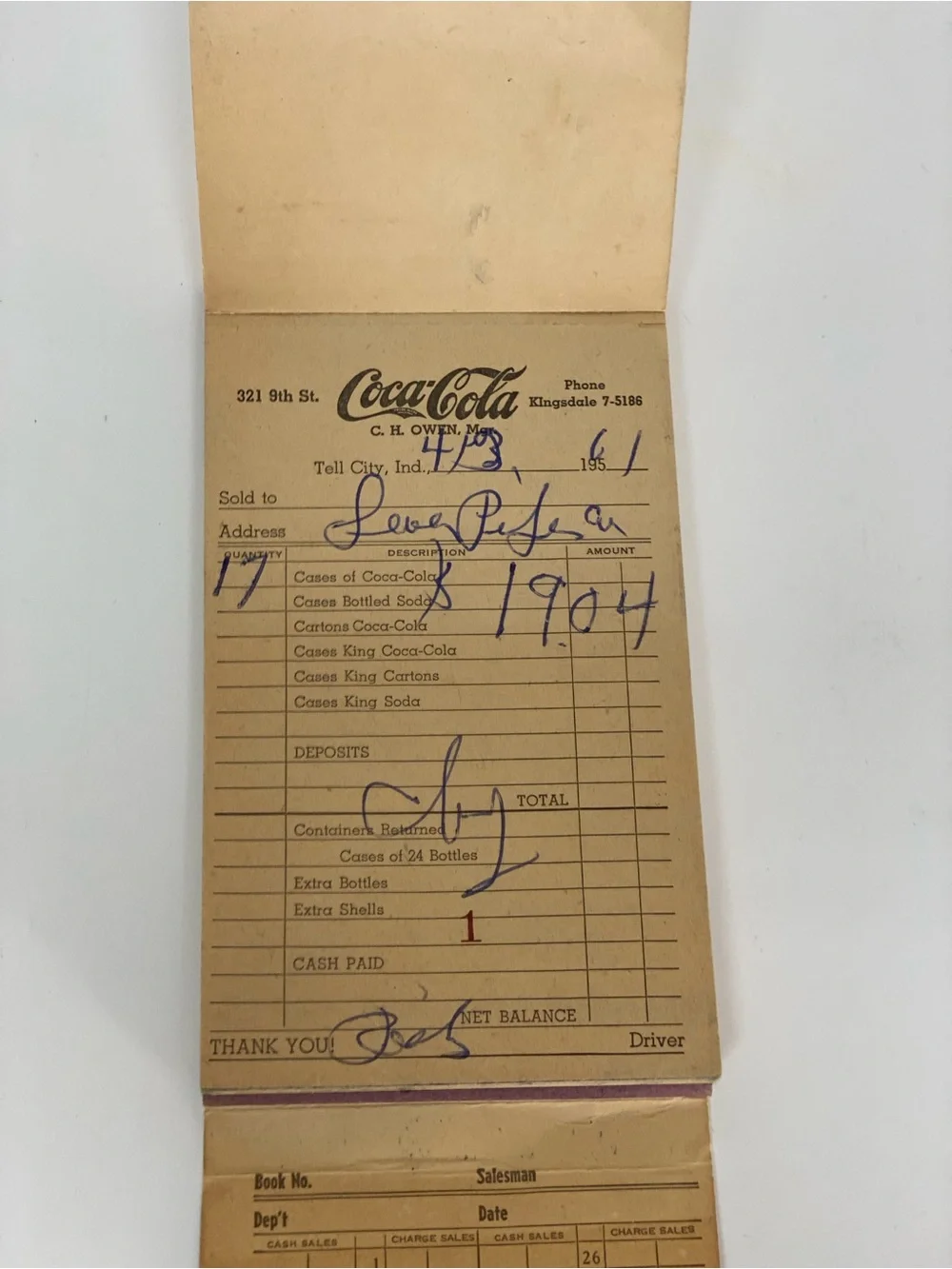 Vintage Coca-Cola Bottling Company Invoice Receipt Book Tell City Ind. Ephemera